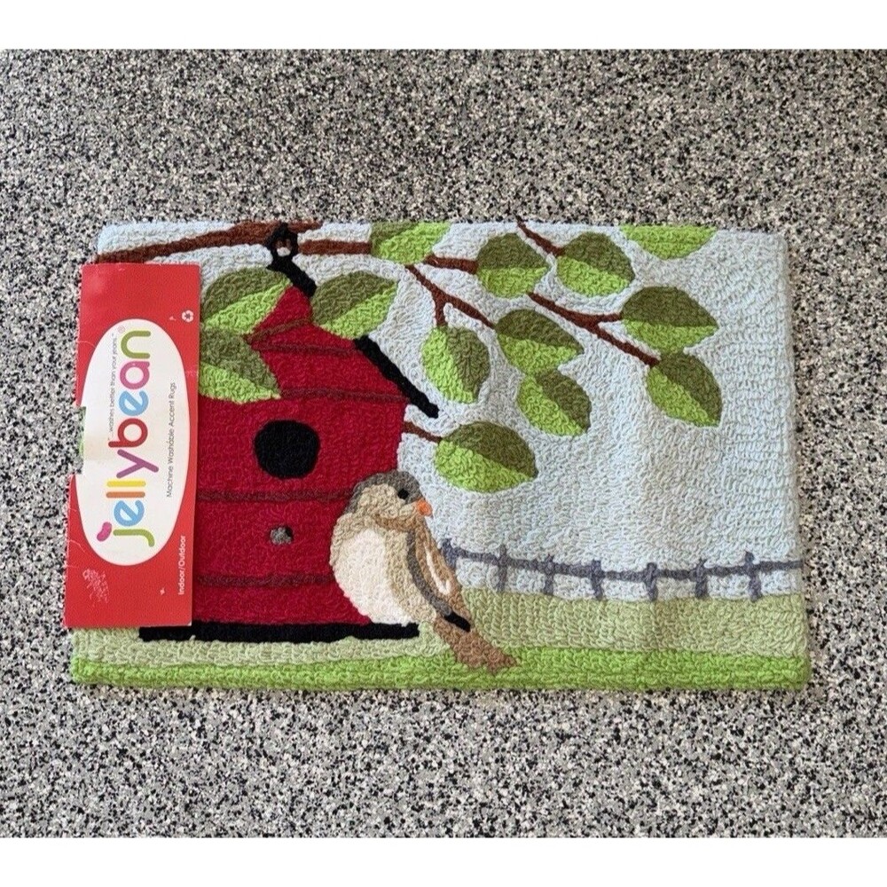 Jellybean Red Birdhouse  & Bird Accent Rug 21x33” Washable Indoor Outdoor
